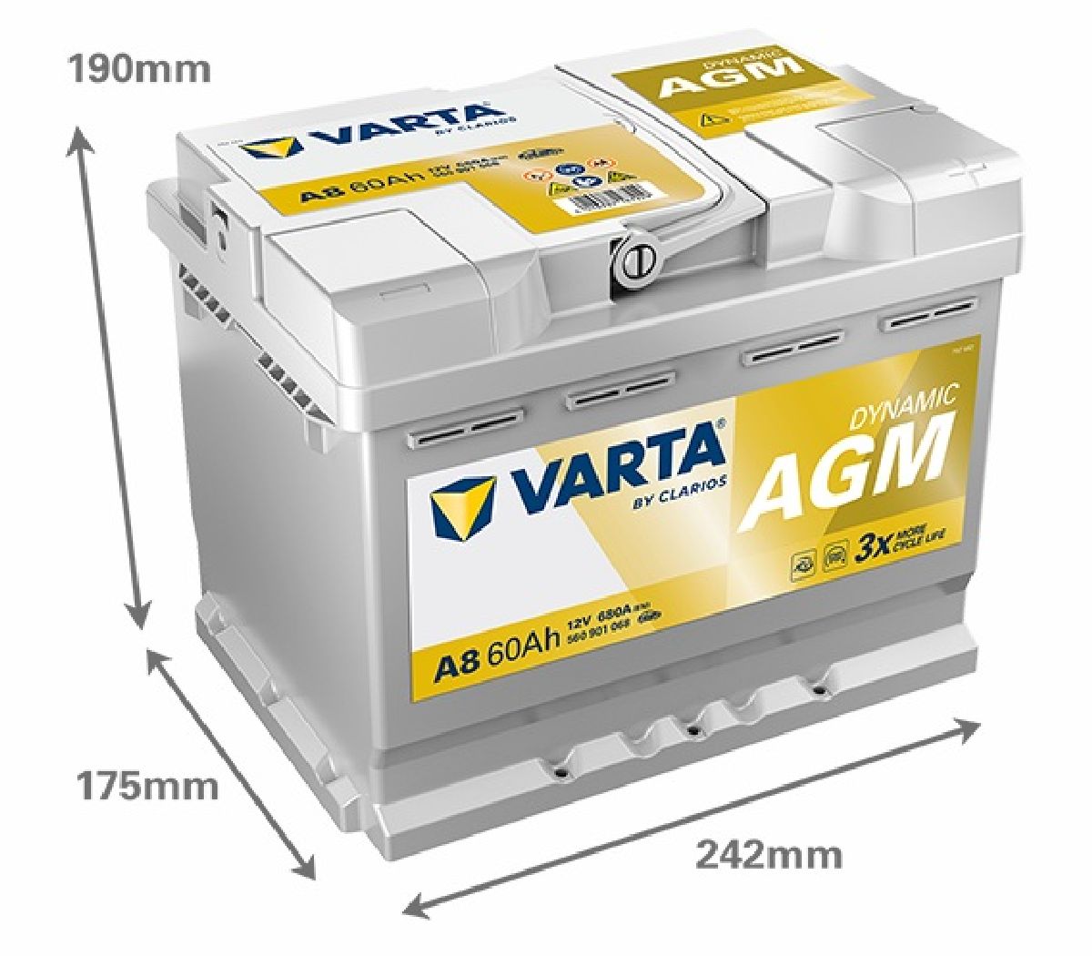 AGM-Batterie 12V/60Ah/680A LxBxH 242x175x190mm/S:0