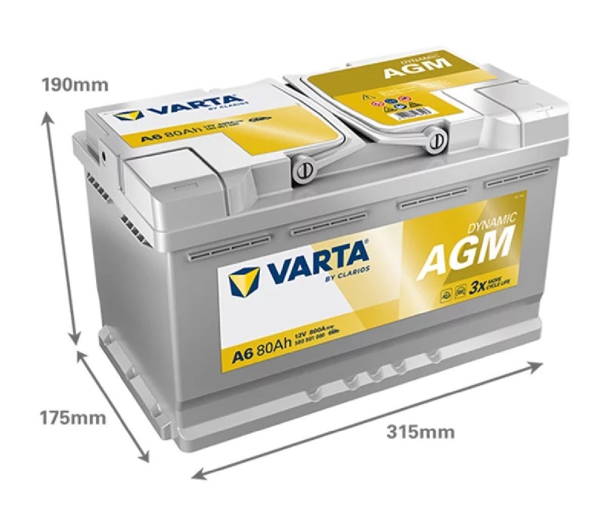 AGM-Batterie Varta 12V/80Ah/800A LxBxH 315x175x190mm/S:0